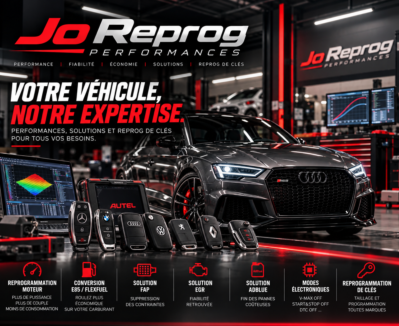 Jo Reprog Performances : reprogrammation moteur, conversion E85, solutions électroniques et reprogrammation de clés automobiles